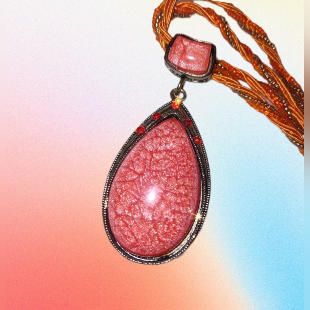 Twisted Rope Orange Beaded Necklace w/ Pendant